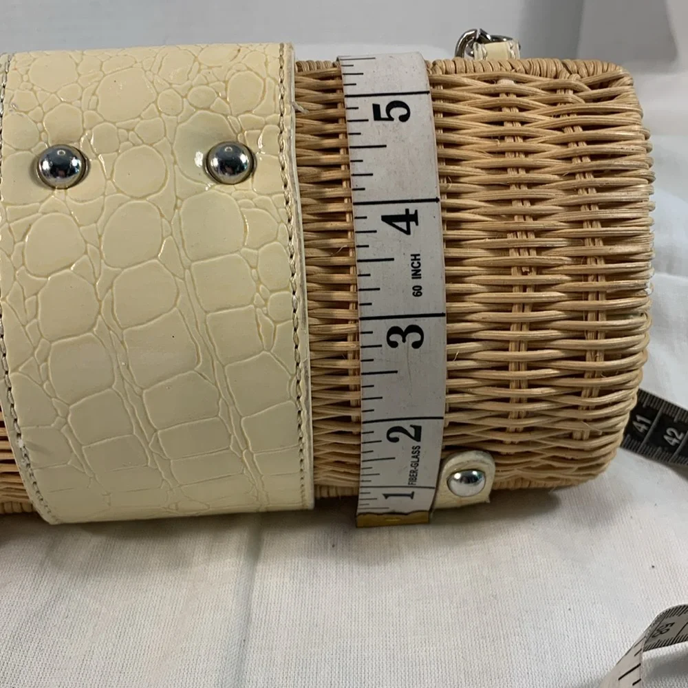 Women’s Beige and Cream Wicker and Reptile Print Patent Leather Chain Strap Bag